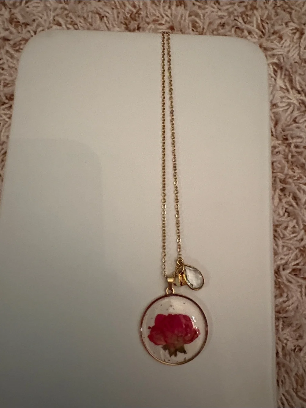 Gold-Tone Necklace with Pressed Pink Flower Pendant